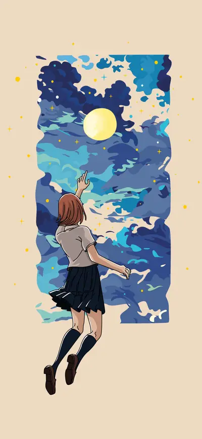 anime girl reaching blue moonlit sky