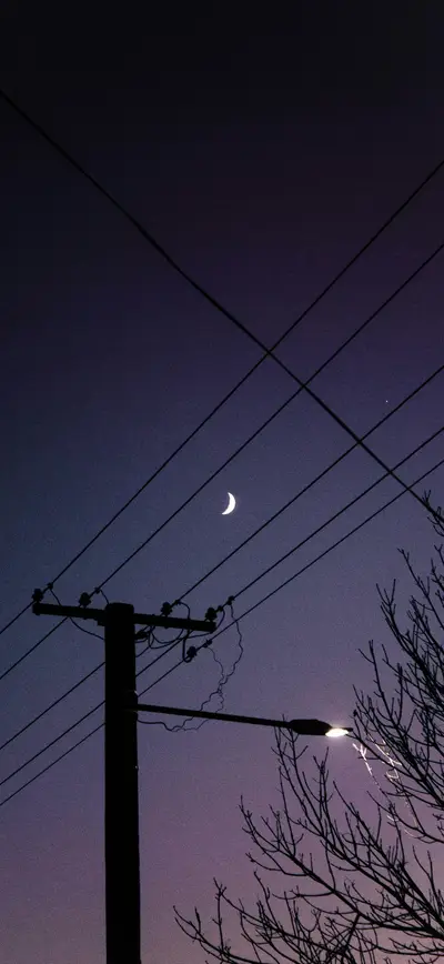 dark purple night crescent moon powerlines