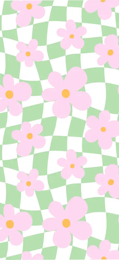 pastel pink daisies green wavy checkerboard