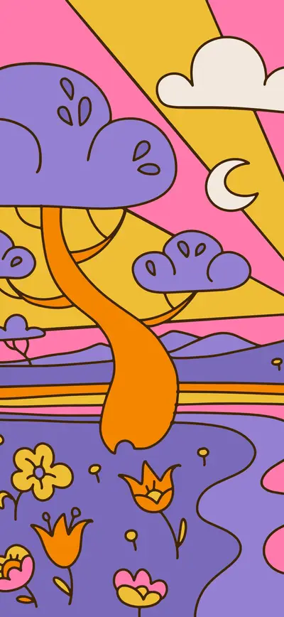 retro groovy purple pink floral landscape