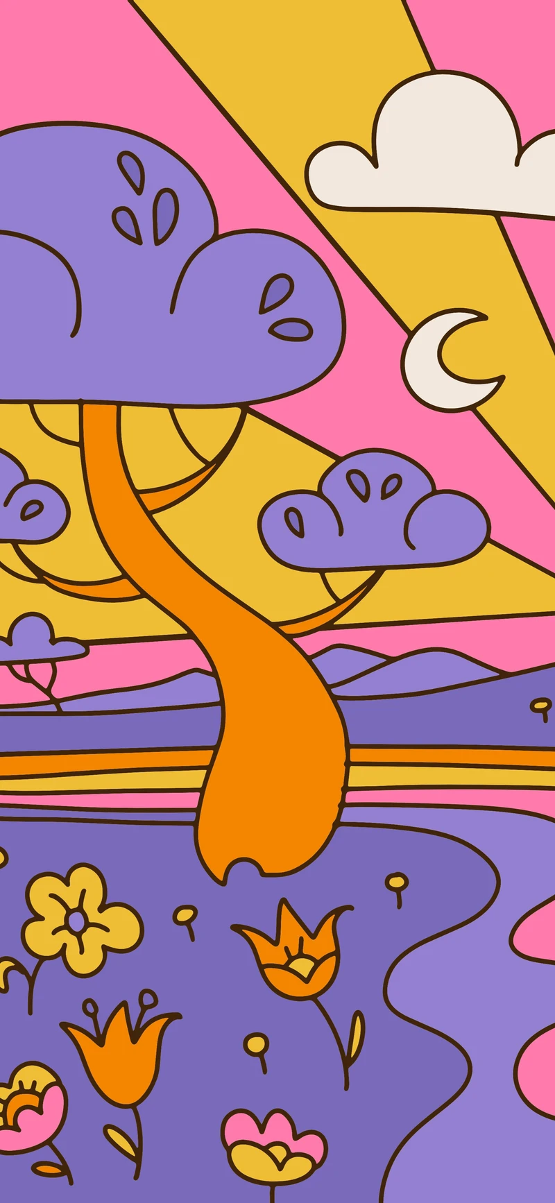 retro groovy purple pink floral landscape