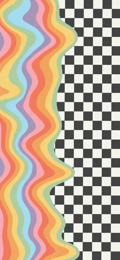 retro rainbow waves black checkerboard
