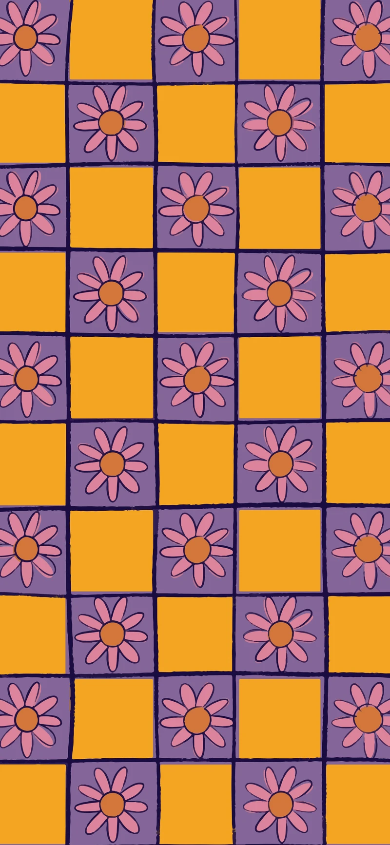retro yellow purple daisy checkerboard