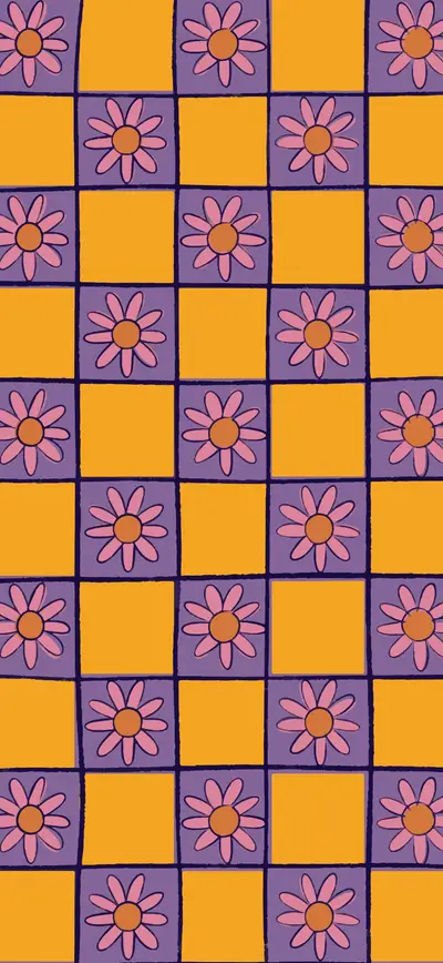 retro yellow purple daisy checkerboard