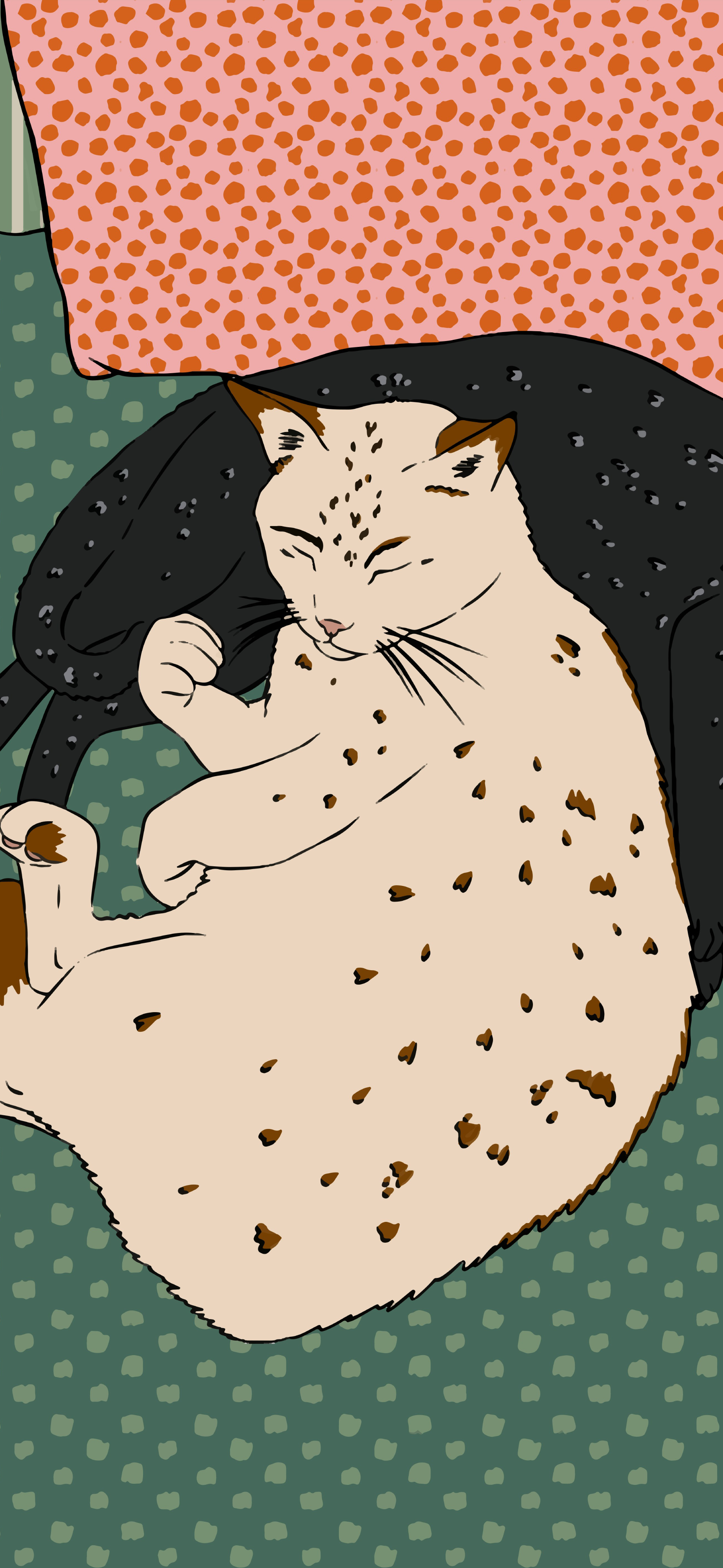 cozy illustrated sleeping cats teal pink