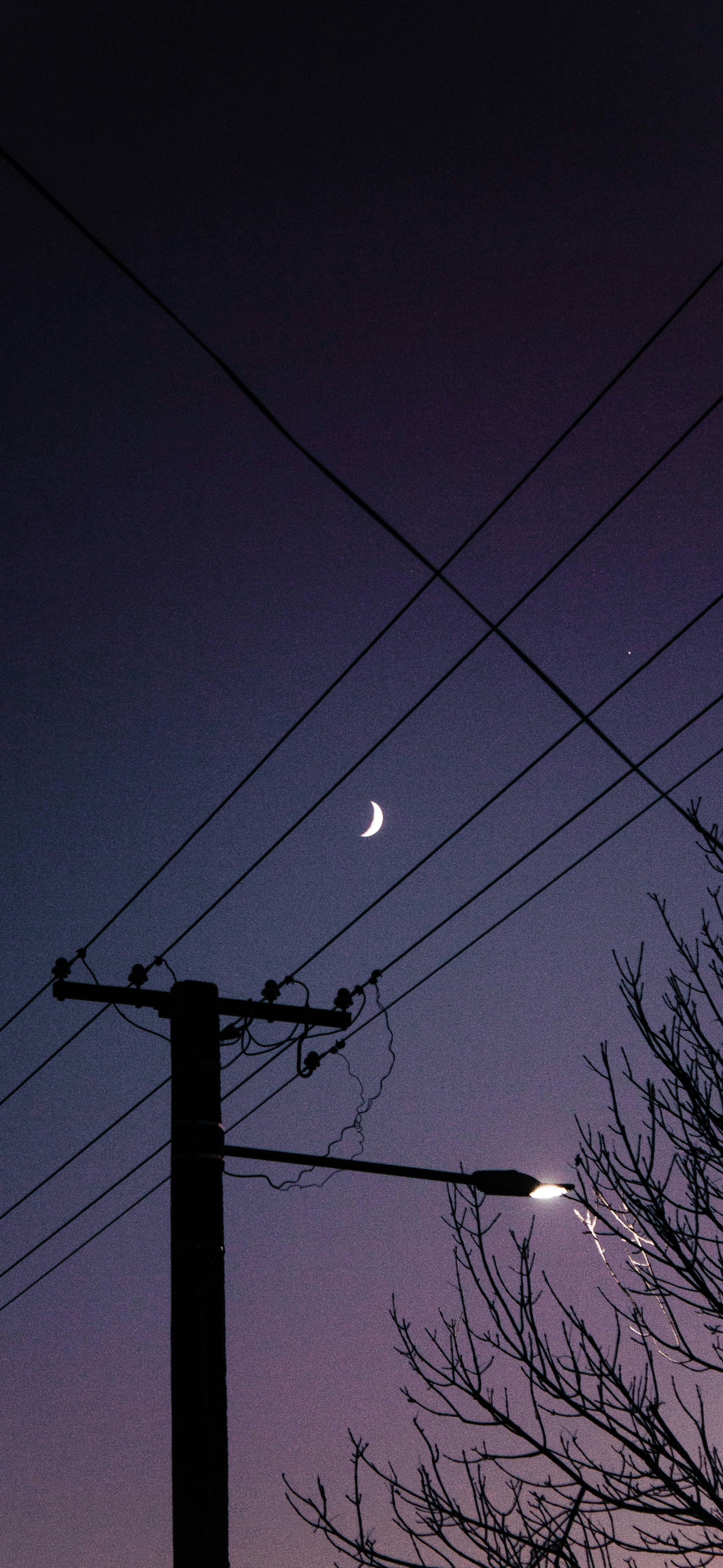 dark purple night crescent moon powerlines