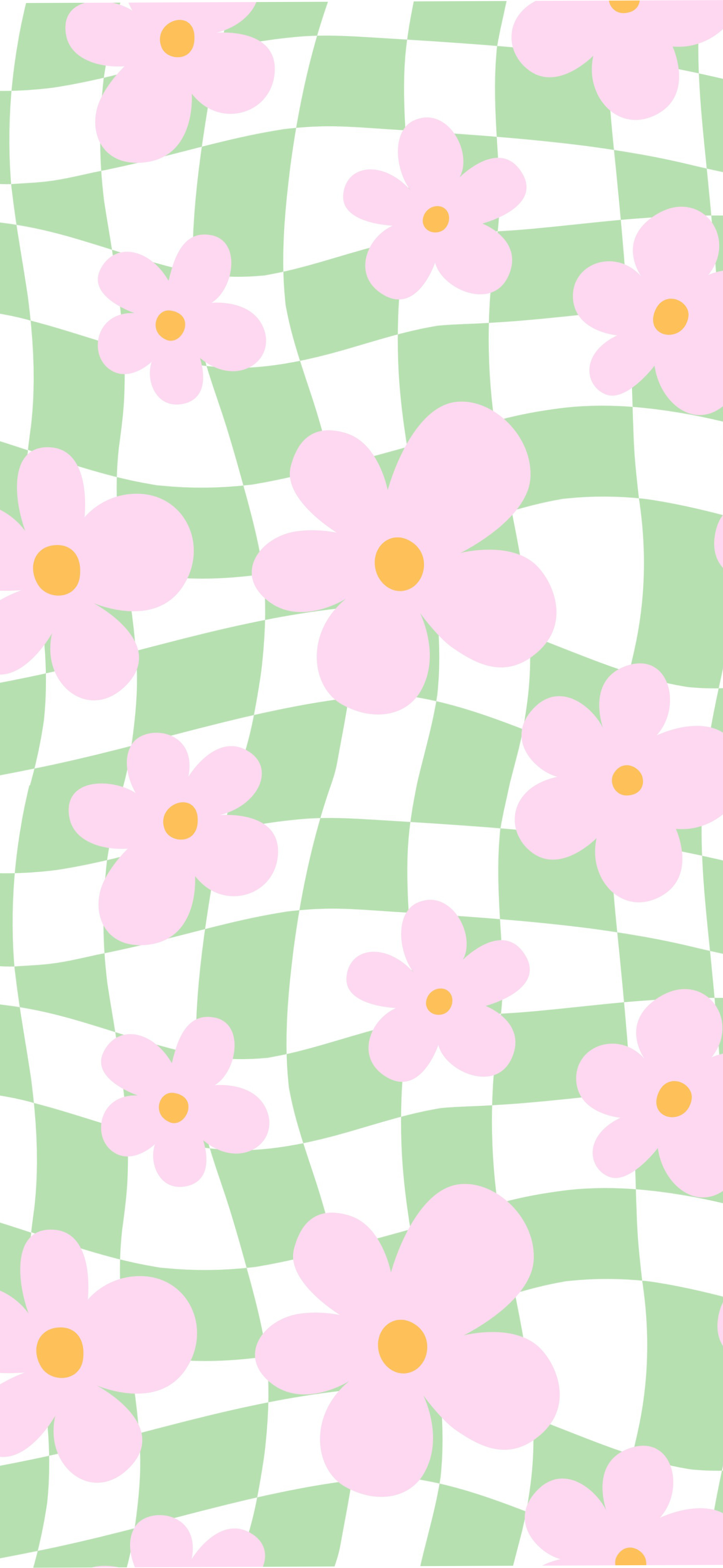 pastel pink daisies green wavy checkerboard