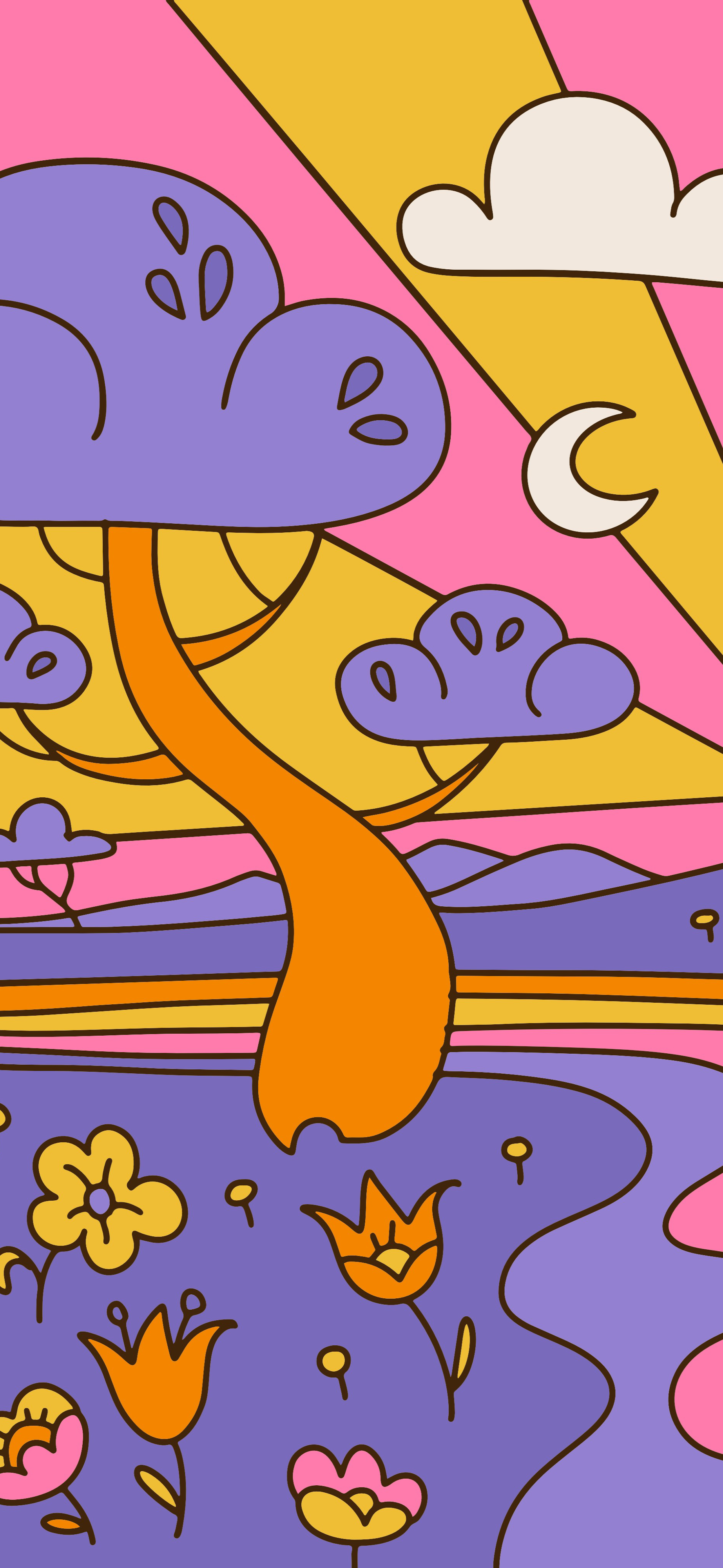 retro groovy purple pink floral landscape