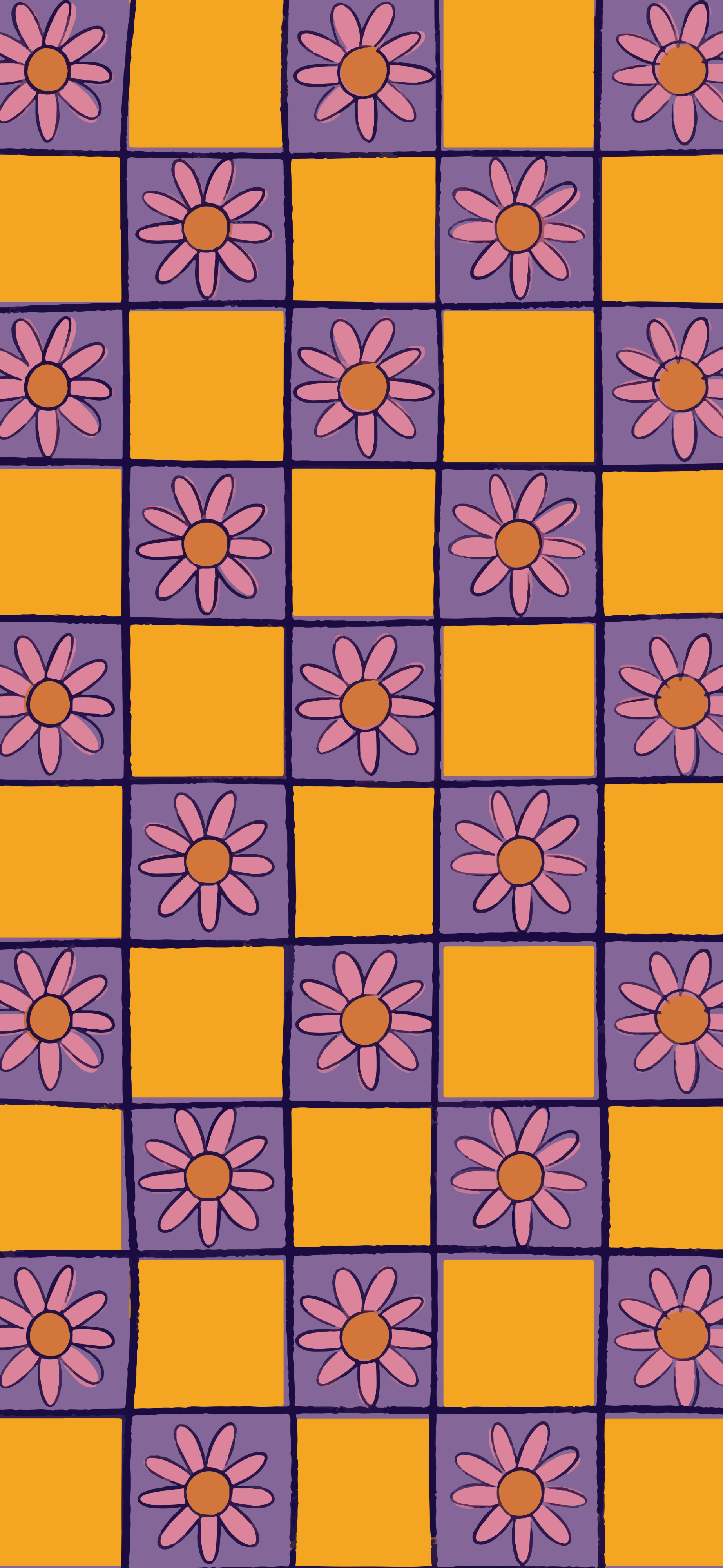 retro yellow purple daisy checkerboard